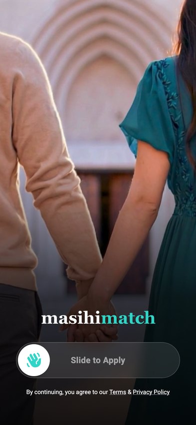 masihimatch’s welcome screen: a couple holding hands at a church door, Slide to Apply