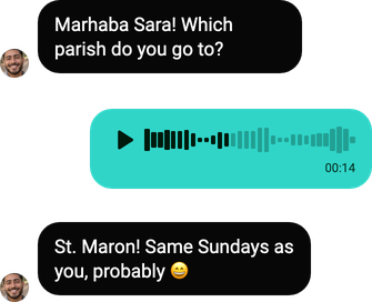 A masihimatch chat: a text message, a voice note with its waveform, marked Seen, and a reply