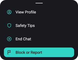 The chat menu in masihimatch: View Profile, Safety Tips, End Chat and Block or Report, with the confirmation that this person is now blocked and the report is under review